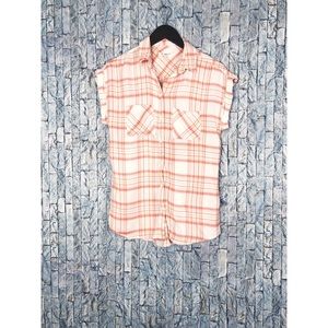 Beach Lunch Lounge Coral Plaid Button Blouse